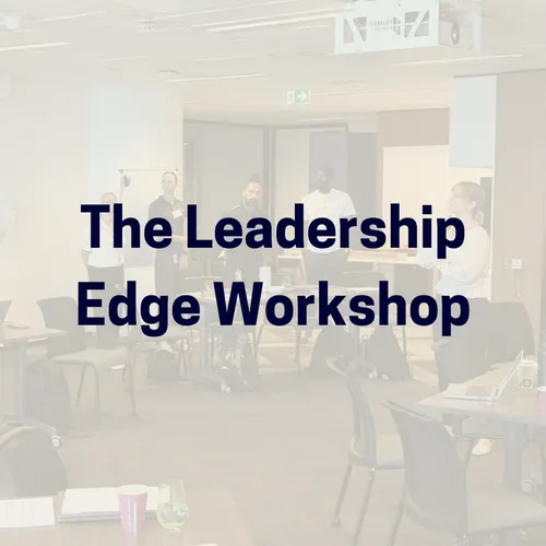 Blurred picture of Laura Thain delivering a workshop to classroom with The Leadership Edge Workshop written in Navy