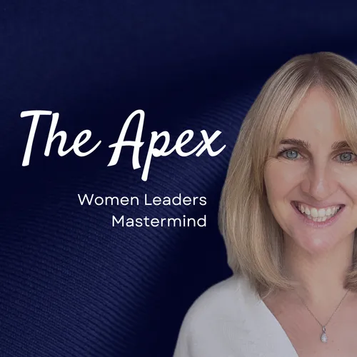 Picture of laura thain, blonde hair, white cardigan, smiling to camera, navy backgrond and white text reading 'The Apex Women Leaders Mastermind'