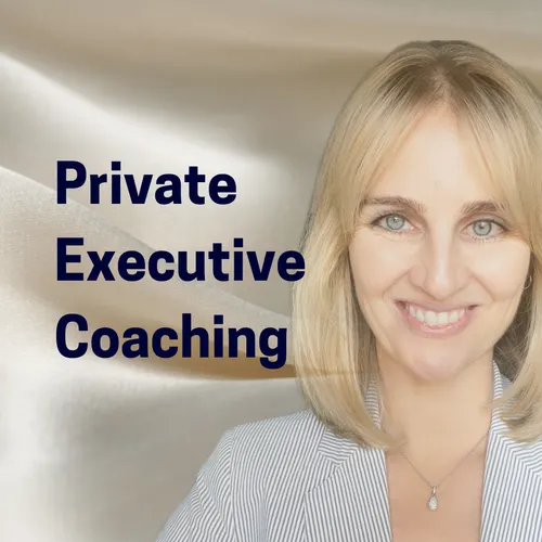 Picture of laura thain, blonde haire, pale blue blazer, silver necklace smiling to camera with shimmery gold background with Private Executive Coaching written in navy bold text