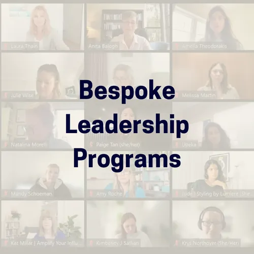 Blurred image of a Group Zoom meeting with navy bold text 'Bespoke Leadership Programs' written over top