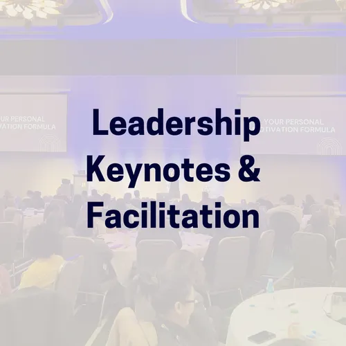 Blurred picture of laura thain presenting on large stage to audience with navy bold text over top saying Leadership Keynotes and Facilitation
