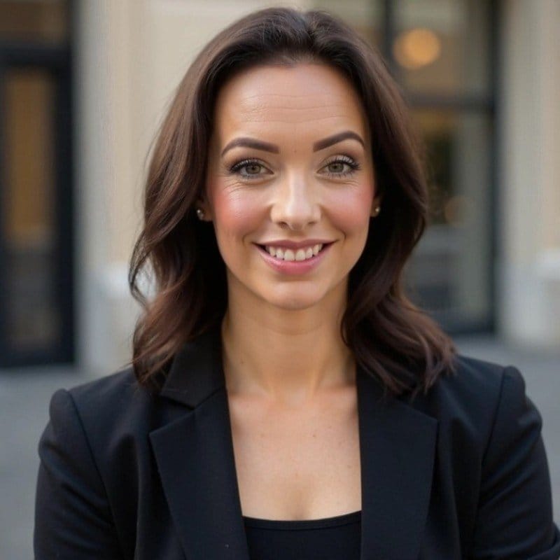 Picture of lady with brown long hair smiling to camera