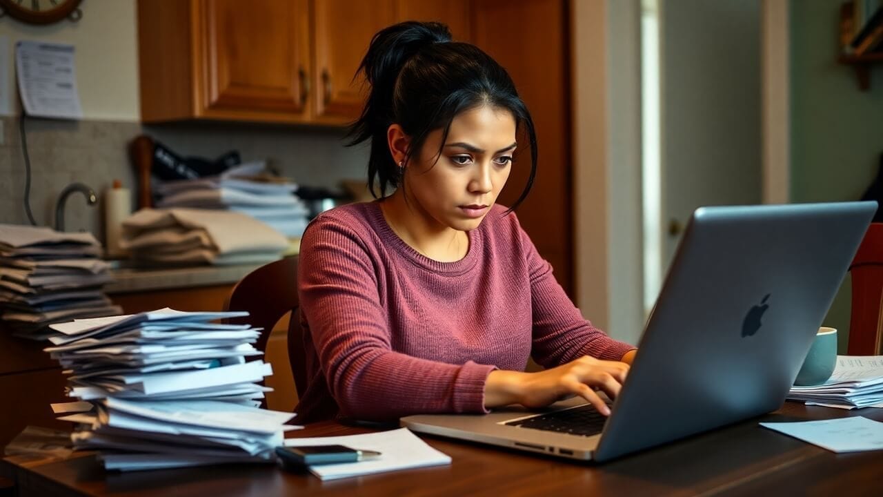 Single mom at kitchen table with a laptop and bills