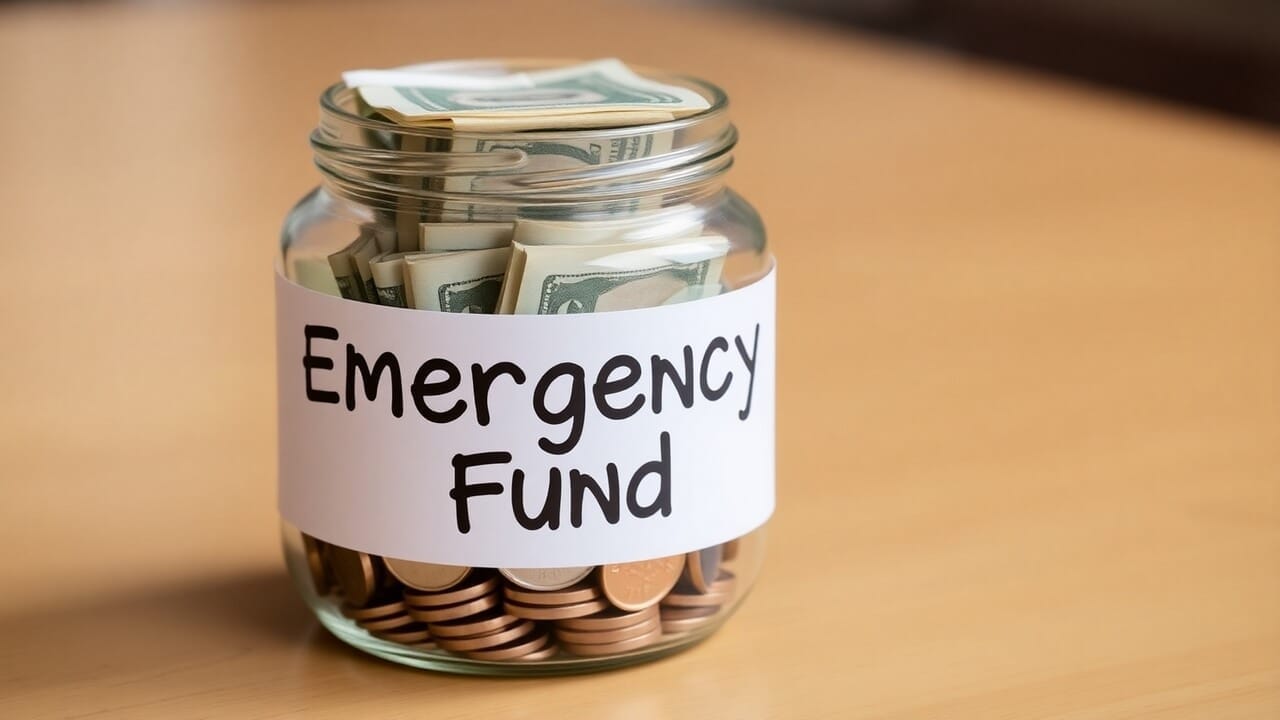 Jar labeled “Emergency Fund” with coins and cash inside