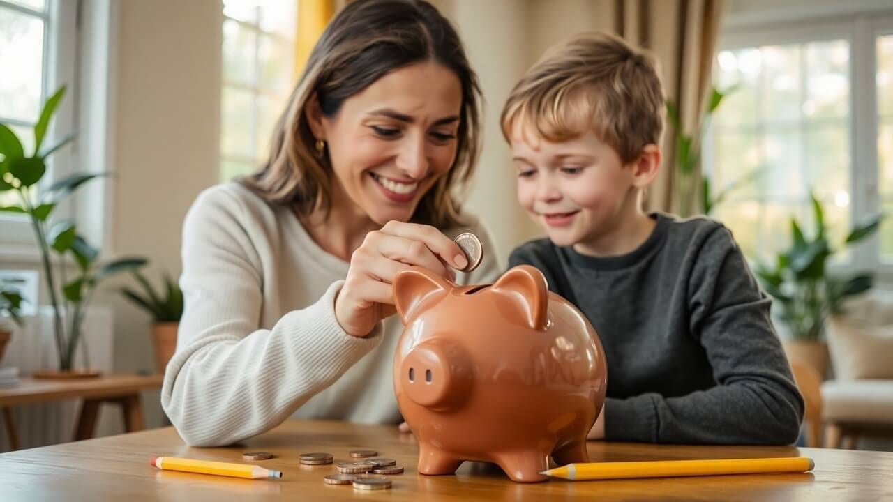 Mother teaching child with piggy bank