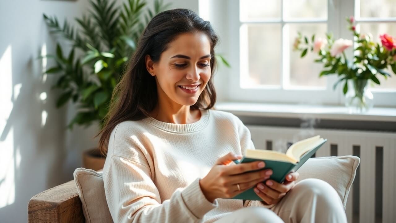 Relaxed single mom reading a book or enjoying tea