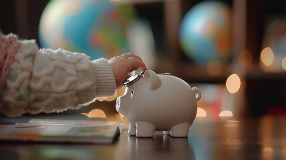 Piggy bank with coins and child hand