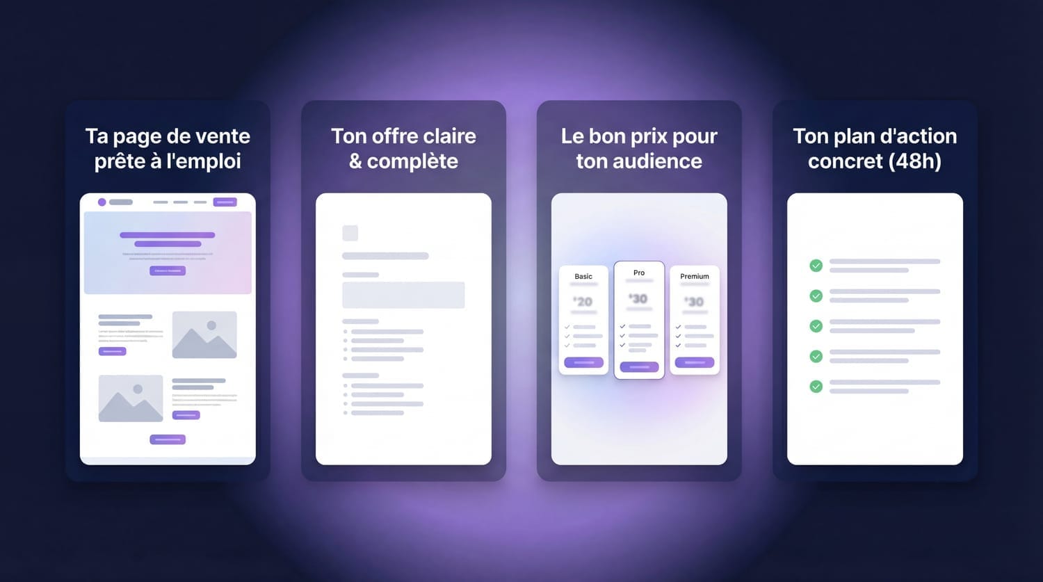 Ce que tu reçois : page de vente, offre claire, prix adapté, plan d'action