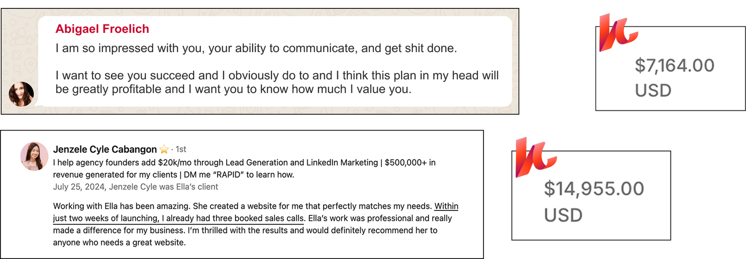 A testimonial collage combining client feedback and revenue results. At the top, Abigael Froelich praises Ella’s ability to communicate and “get things done,” saying she values her highly. Below, Jenzele Cyle Cabangon shares a LinkedIn post describing how Ella built a website that matched her needs, leading to three booked sales calls within two weeks of launch, calling the experience professional and impactful. On the right, revenue screenshots show $7,164.00 USD and $14,955.00 USD earned.