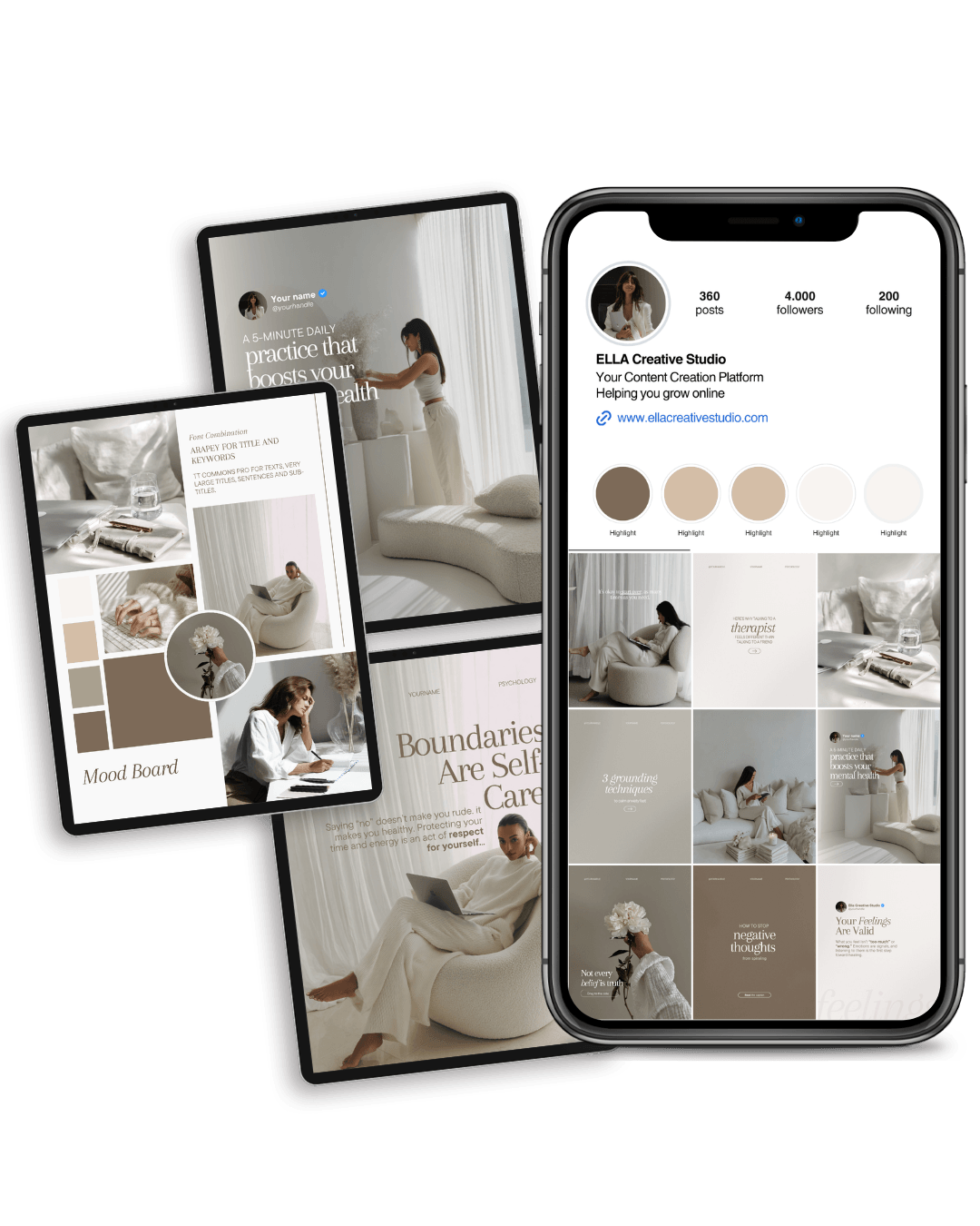 A branding mood board next to the matching Instagram feed