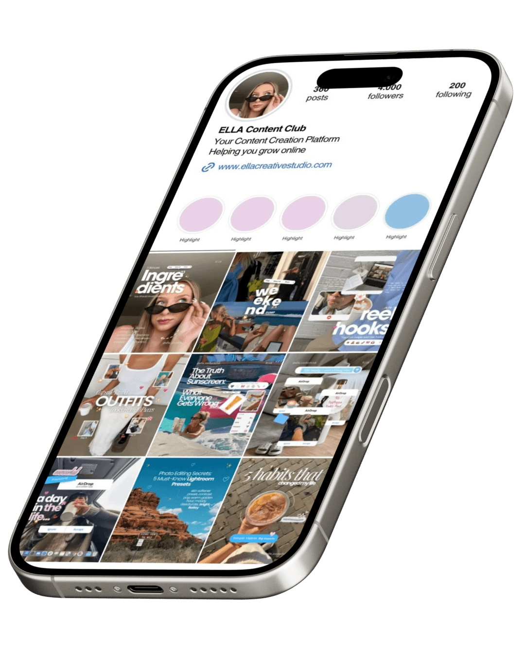 Instagram profile designed with Content Club on a phone