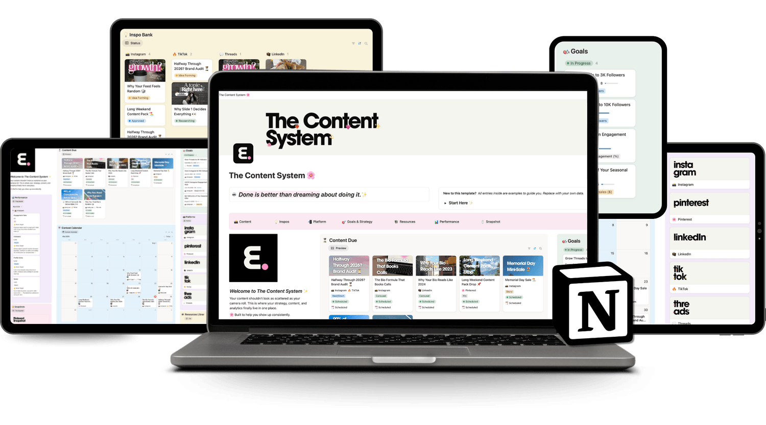 The Content System shown on a laptop and tablets