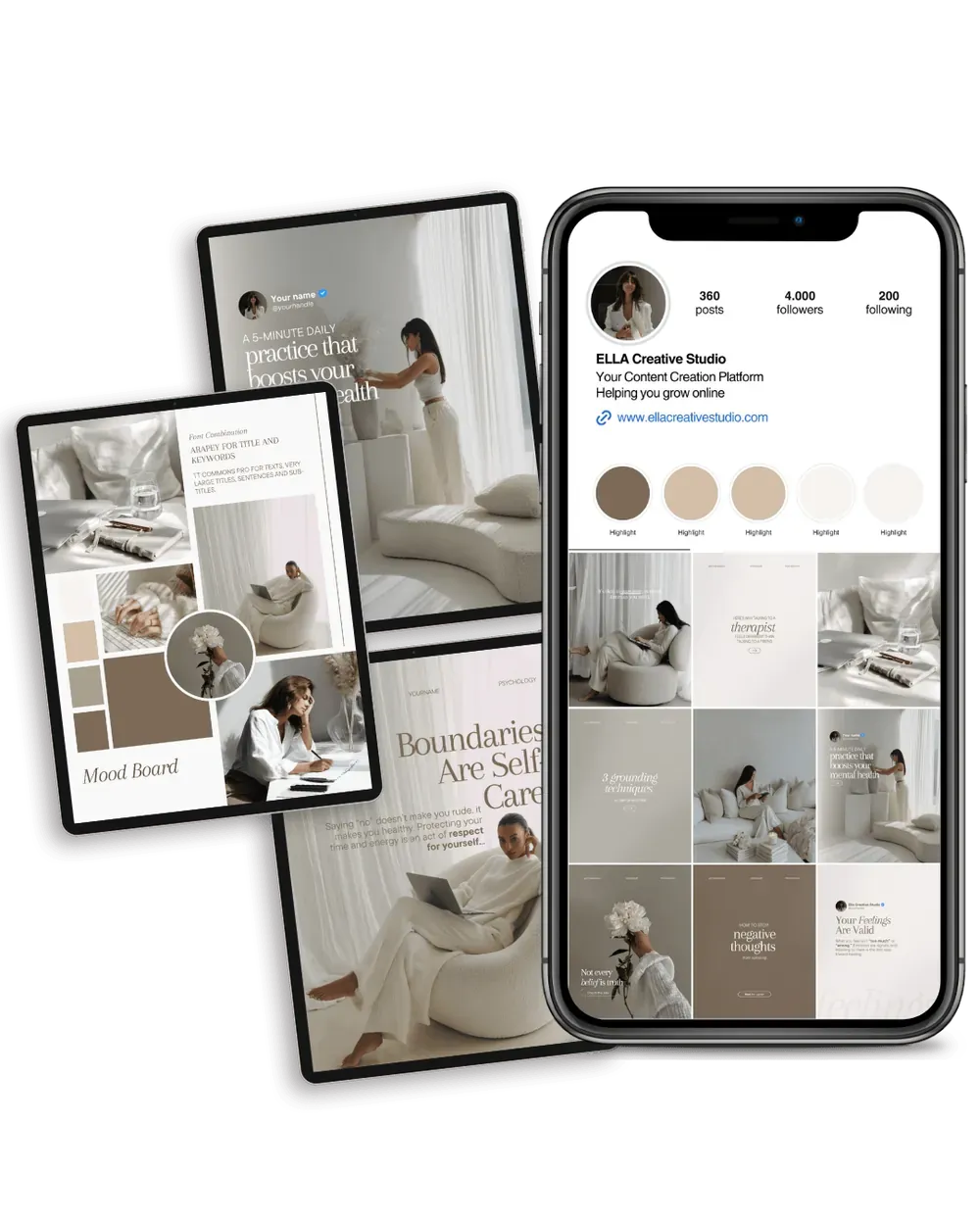 A branding mood board next to the matching Instagram feed
