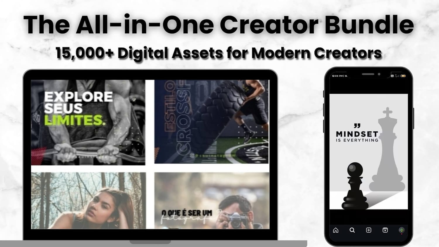A modern workspace with a laptop and phone showcasing the Pixel Flow Creator Bundle templates.