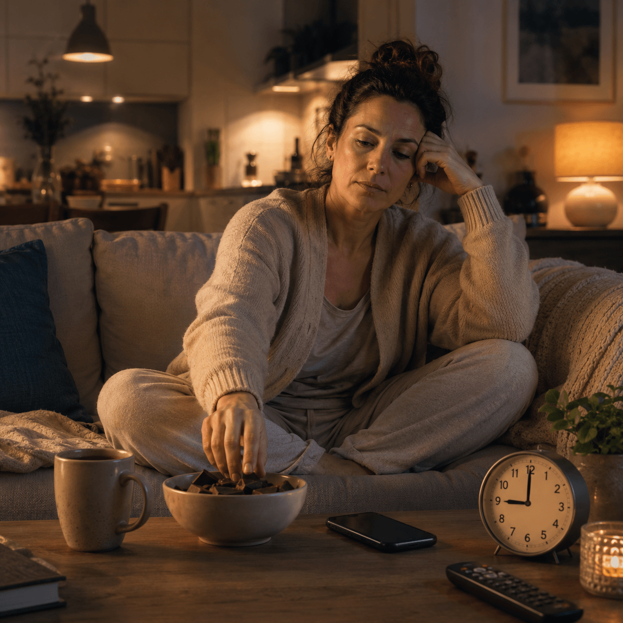 Woman experiencing the 9 PM evening snack spiral moment