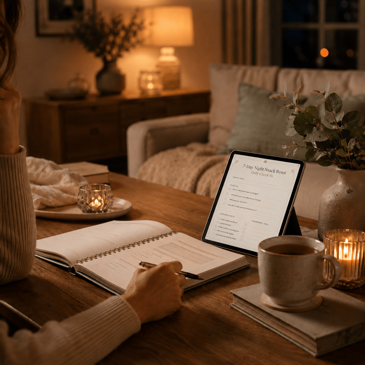 Simple evening reset routine with workbook and calm setting