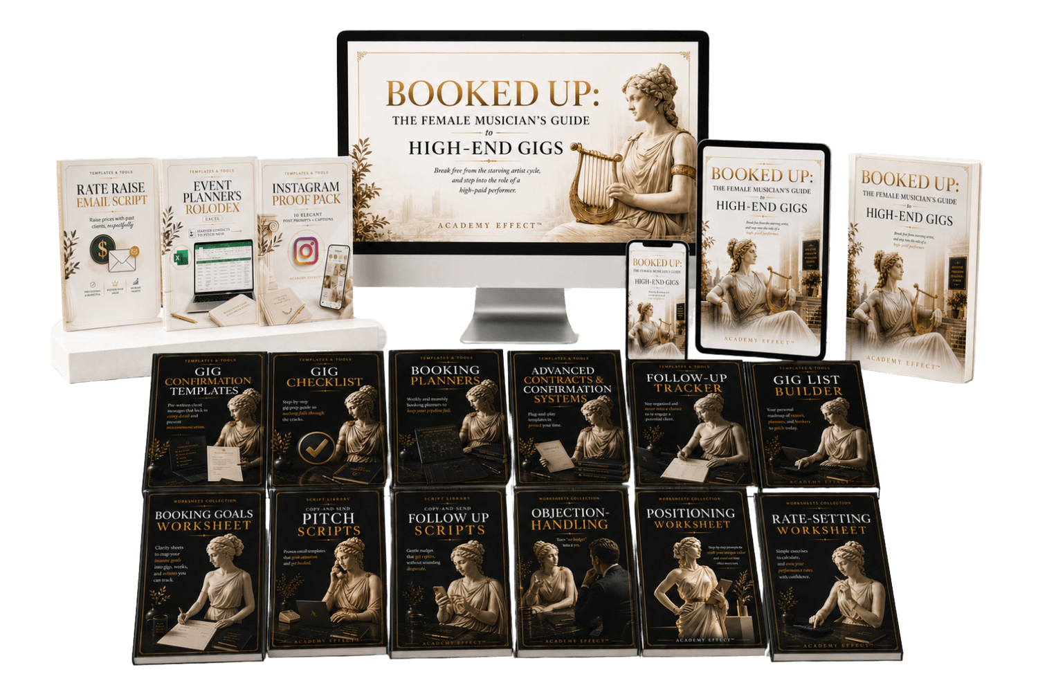 Booked Up course mockup with guide, templates, scripts, worksheets, and booking tools for female musicians