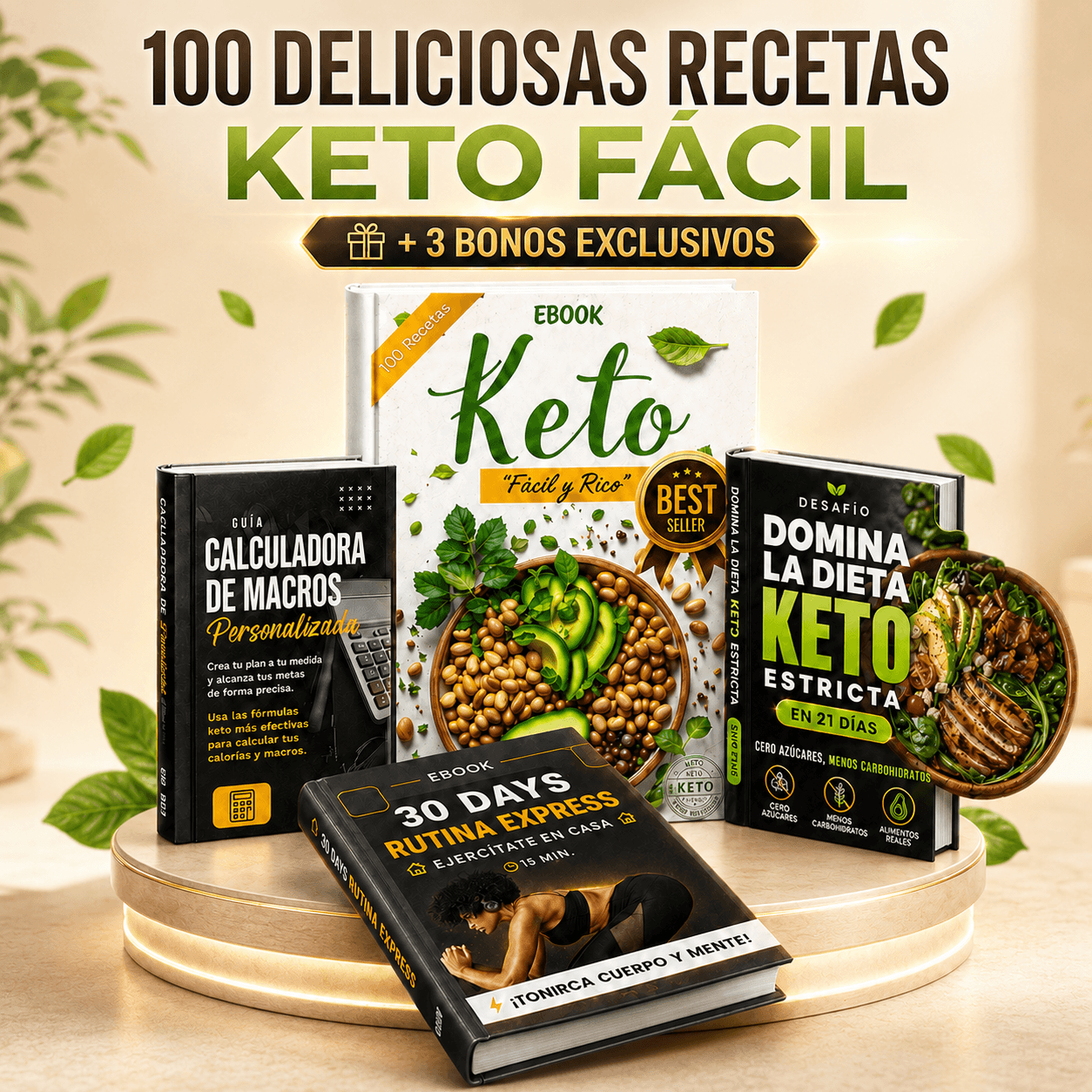 Paquete completo Keto Fácil con ebook de recetas, plan de 21 días, calculadora de macronutrientes y rutina express