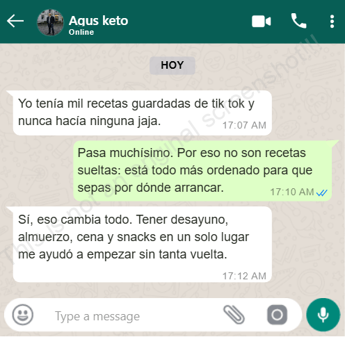 Conversación sobre recetas keto guardadas y falta de organización