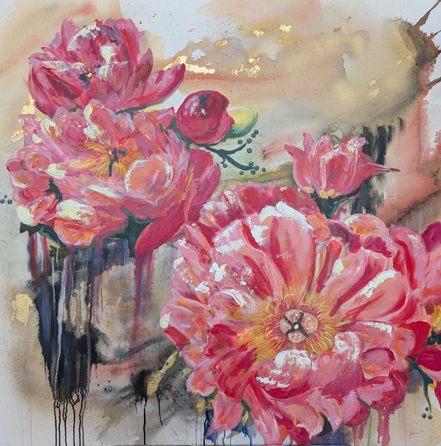 Original expressive floral abstraction titled Always, the Peonies by Australian artist JoAnn Cutler, mixed media painting featuring abstract peony forms.