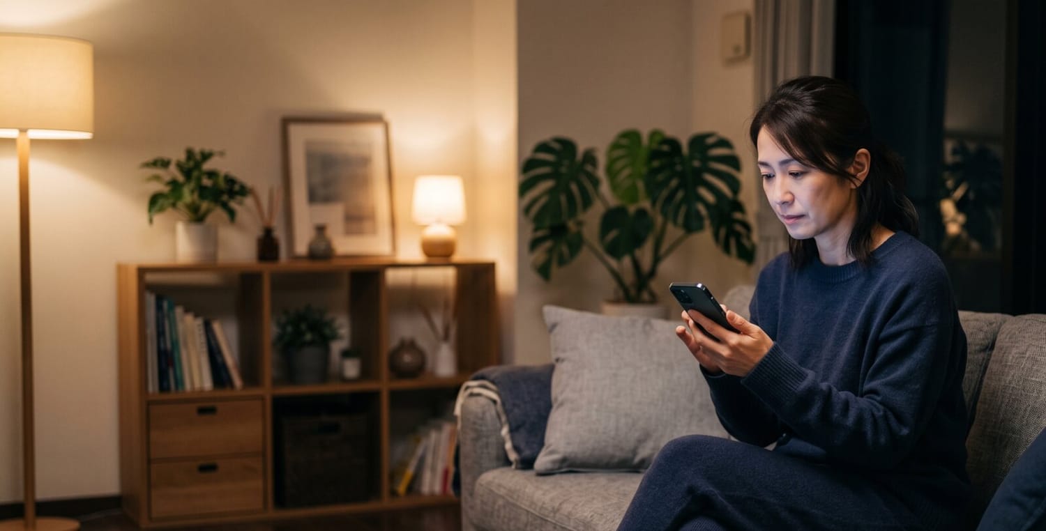 夜のリビングでスマートフォンを見つめて考え込む女性