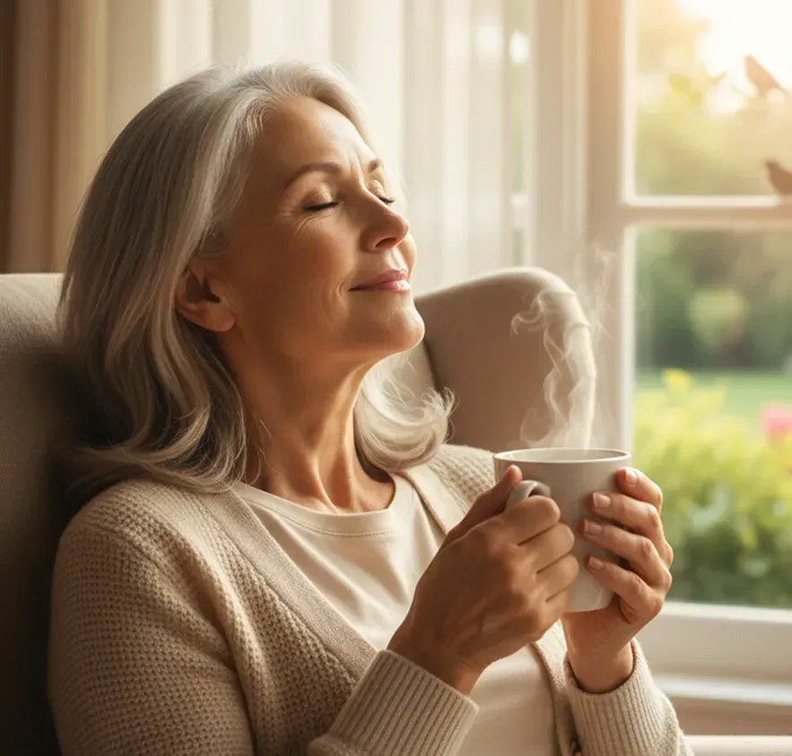 Woman finding peace after using Audifort, improved sleep