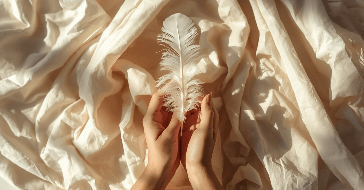 Mains féminines tenant délicatement une plume blanche sur fond de lin crème, métaphore de la sensibilité à fleur de peau