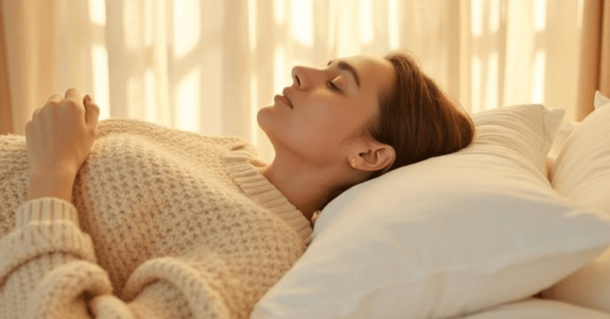 Femme allongée sur un lit blanc baignée de lumière dorée, illustrant le besoin de repos et de pause sensorielle des hypersensibles