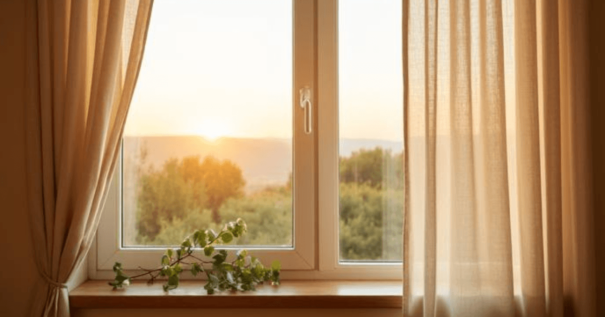 Vue sur un paysage doux à l'aube avec voilage en lin et branche d'eucalyptus, ouverture symbolique vers une vie plus alignée à sa sensibilité