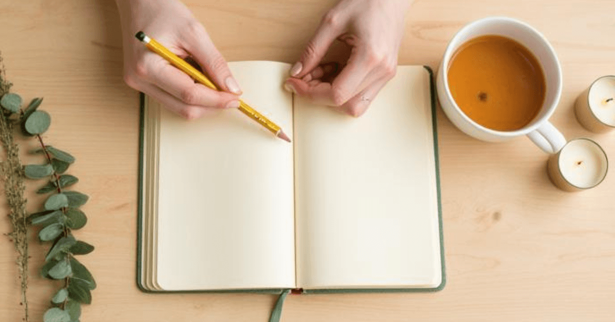Mains féminines écrivant dans un journal sur une table en bois, avec une tasse de thé et de l'eucalyptus, ambiance douce et introspective