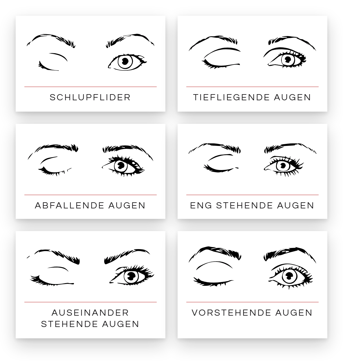 Die sechs Augenformen: Schlupflider, tiefliegende, abfallende, eng stehende, auseinander stehende und vorstehende Augen