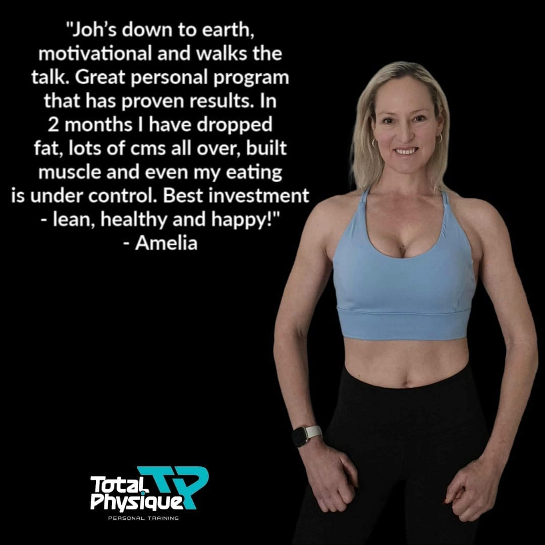 Image of Coach Joh Watt smiling with client testimonial above - woman over 40 achieving weight loss results through online fitness coaching