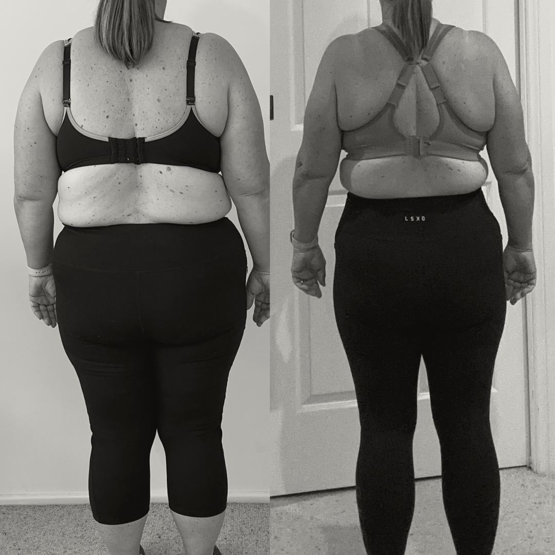 client testimonial above - woman over 40 achieving weight loss results through online fitness coaching