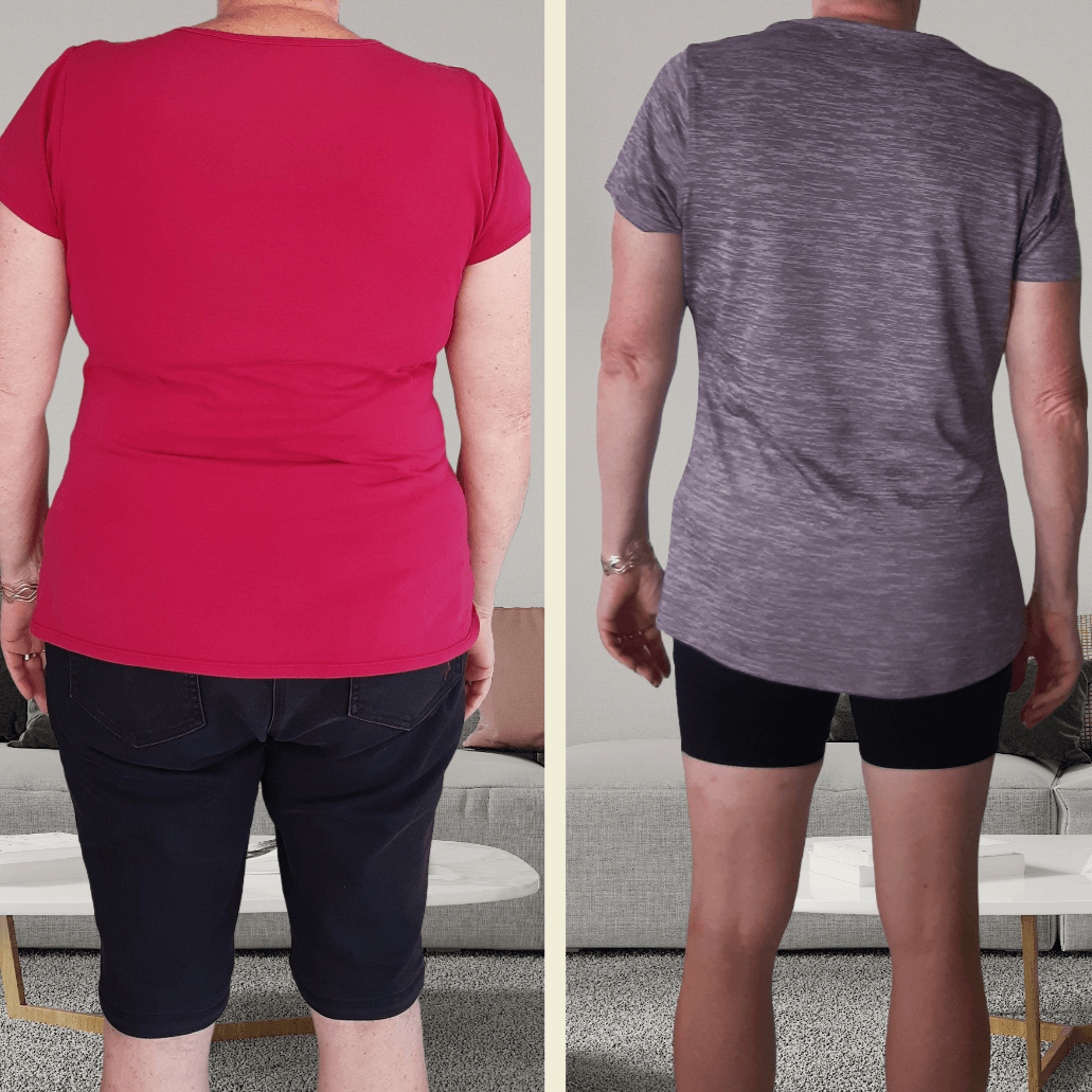 client testimonial above - woman over 40 achieving weight loss results through online fitness coaching