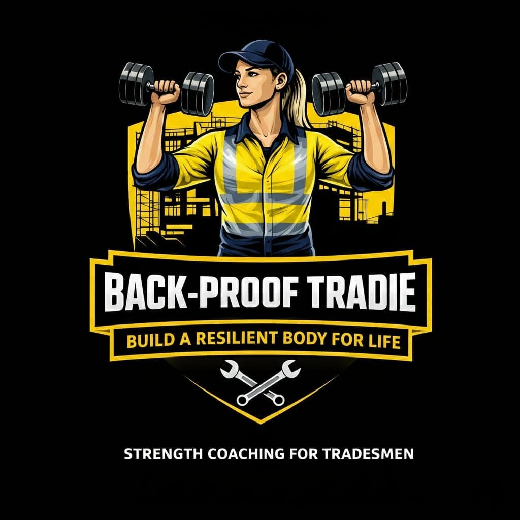 Back-Proof Tradie logo showing male tradie wearing high vis and a harness, lifting weights.