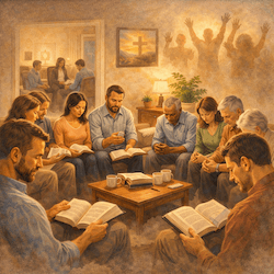 Small group of believers gathered in a home, reading the Bible and praying together in a warm and welcoming fellowship setting.