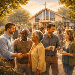 Church members sharing conversation and refreshments outside a modern church building after the worship service.