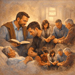 Pastor praying with church members, offering comfort and spiritual care in moments of prayer and support.