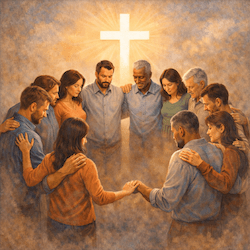 Diverse group of church members standing together in unity, praying shoulder to shoulder as one body in Christ.