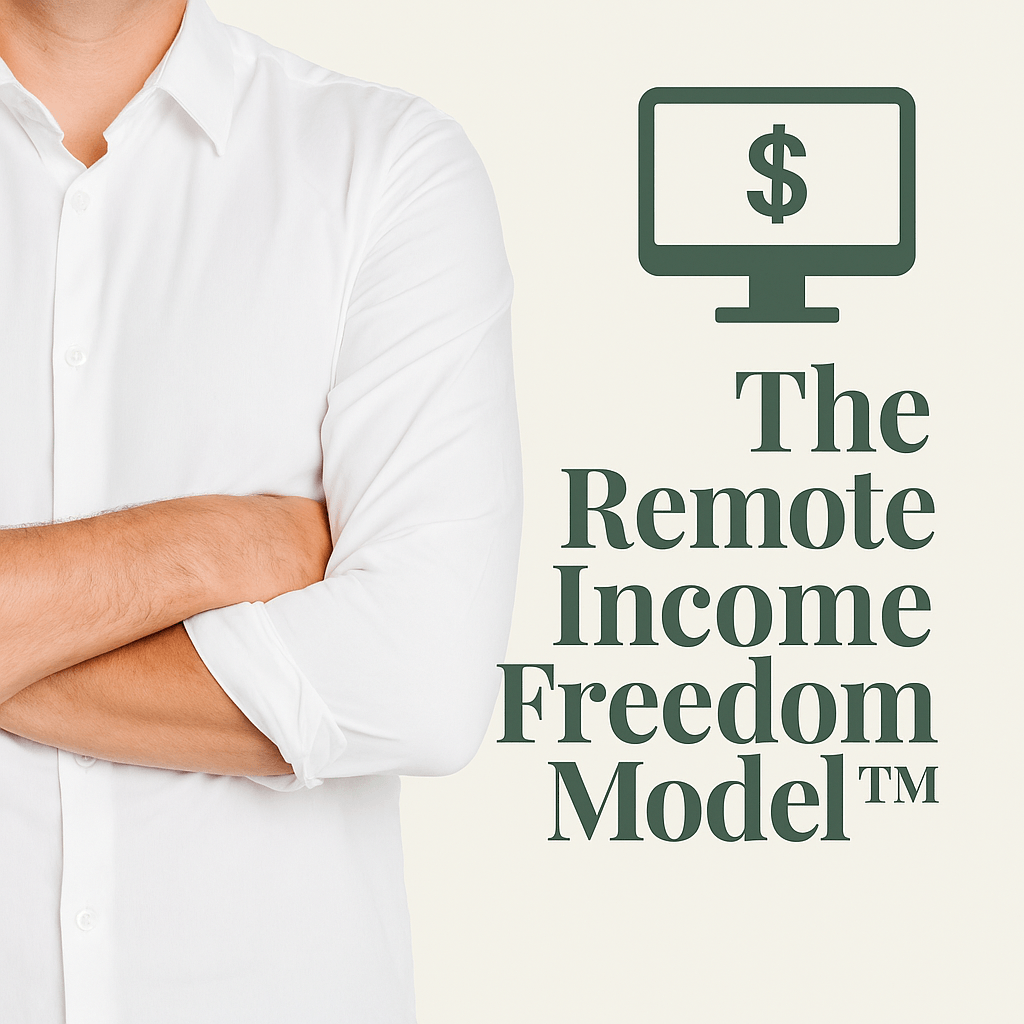The Remote Income Freedom Model™” online course checkout — minimalist South African-inspired design with a laptop, coffee cup, and muted green and gold color palette conveying calm professionalism.