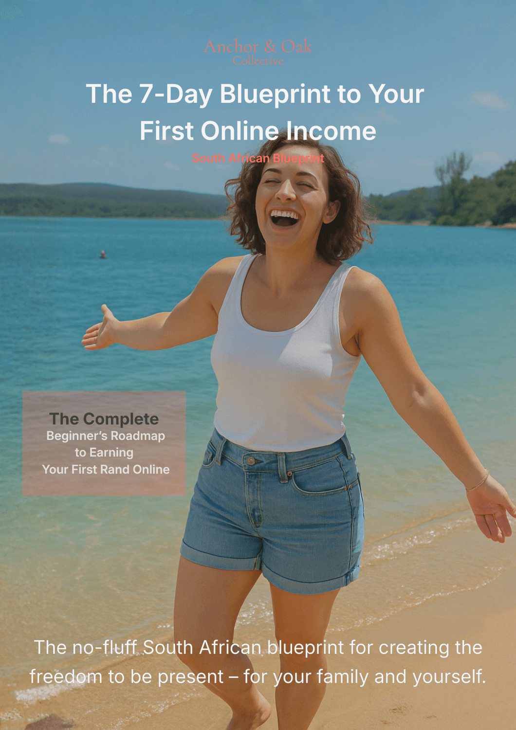 The Remote Income Freedom Model™” online course checkout — minimalist South African-inspired design with a laptop, coffee cup, and muted green and gold color palette conveying calm professionalism.