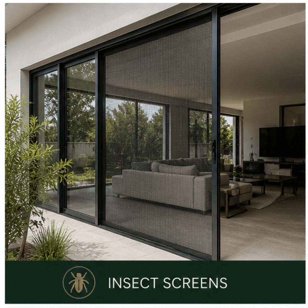 Custom insect screens installed on home windows Durban Fly screens fitted to residential windows for ventilation Aluminium window insect screens with clean finish Insect protection screens installed on multiple windows