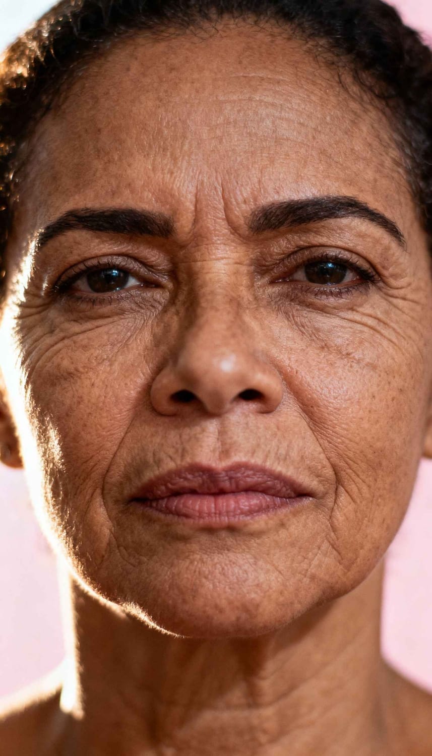 Rosto de uma mulher com rugas antes do tratamento.