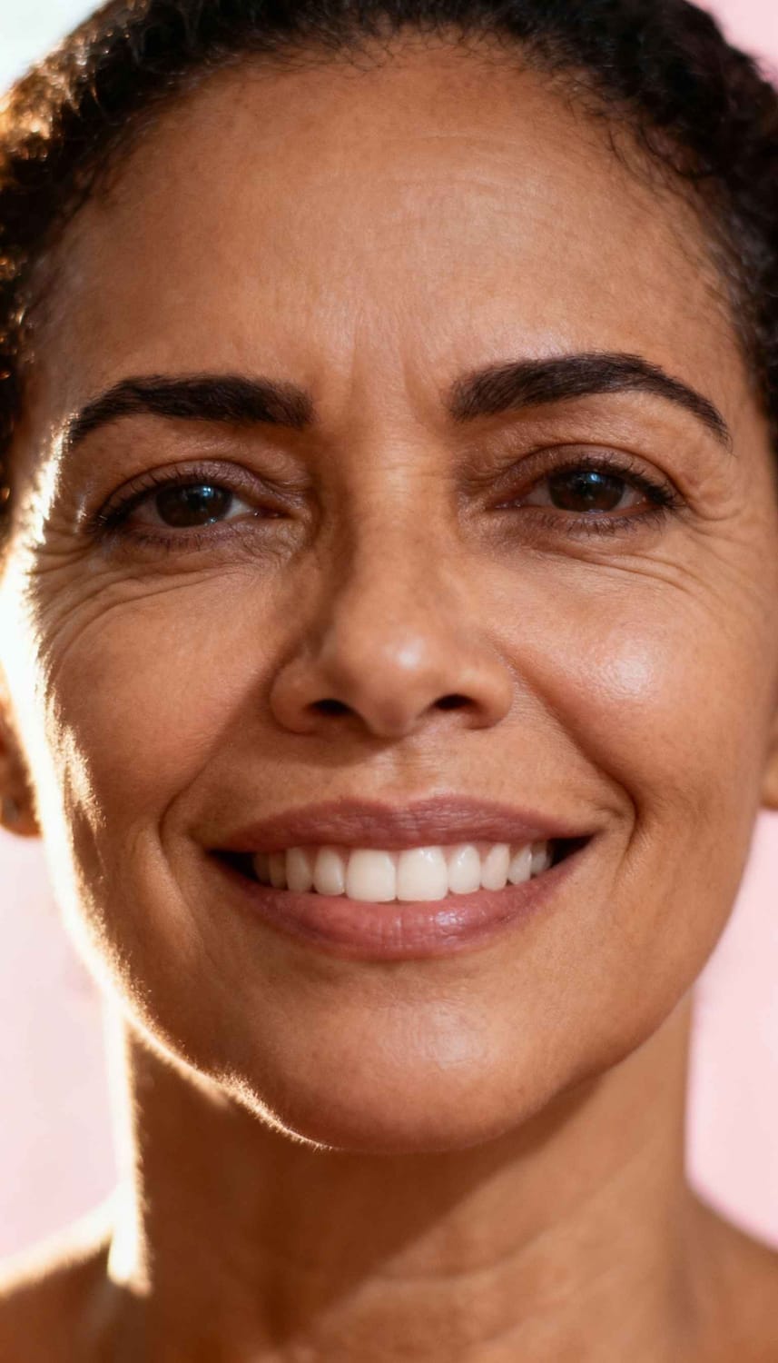 Rosto da mesma mulher com rugas suavizadas após o tratamento.