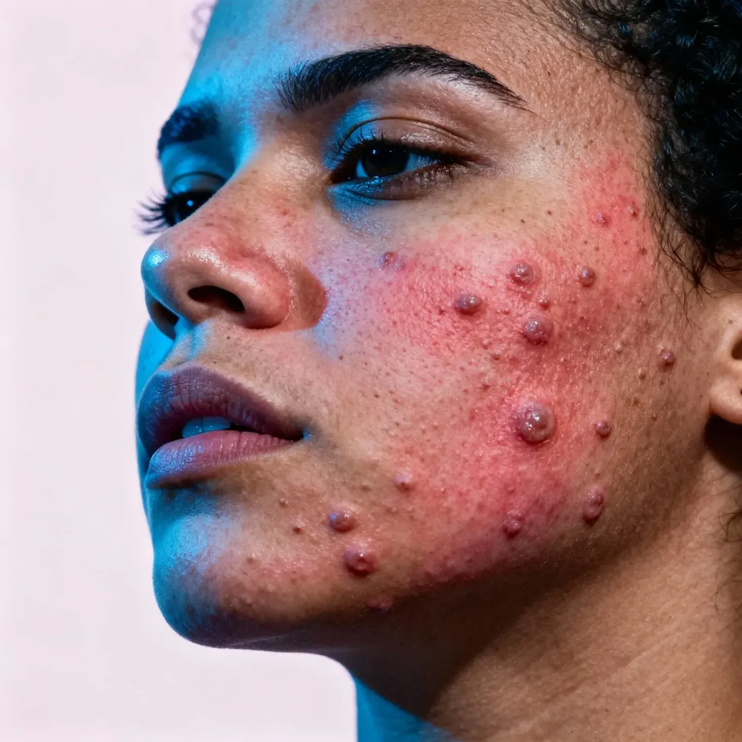 Rosto de uma mulher com acne ou rosácea na bochecha.