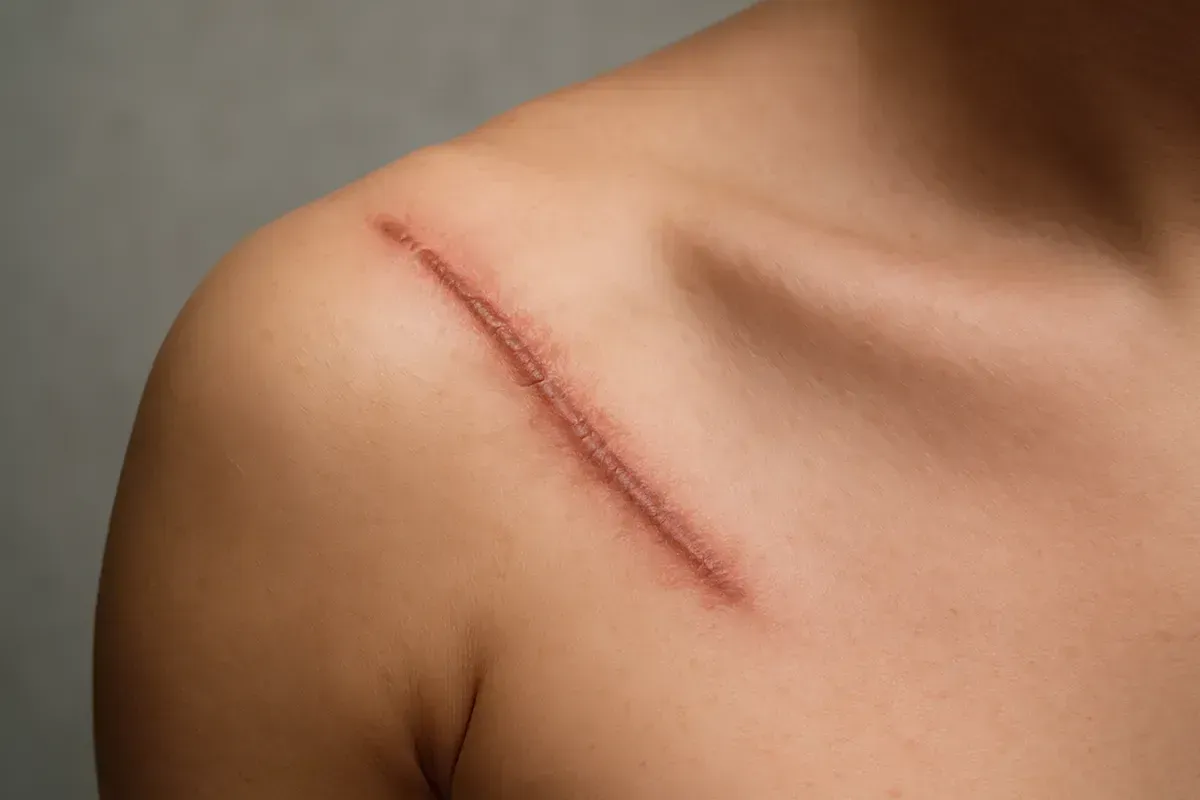 Close de uma cicatriz na pele.