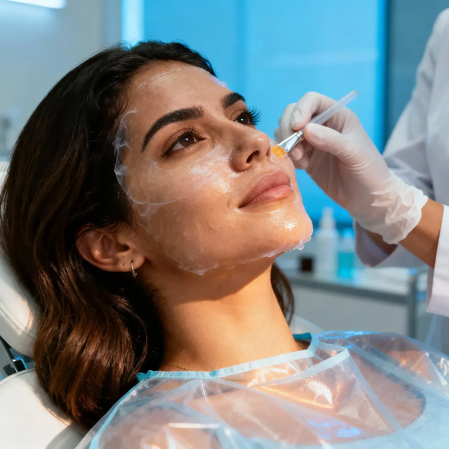 Aplicação de peeling químico no rosto de uma paciente.