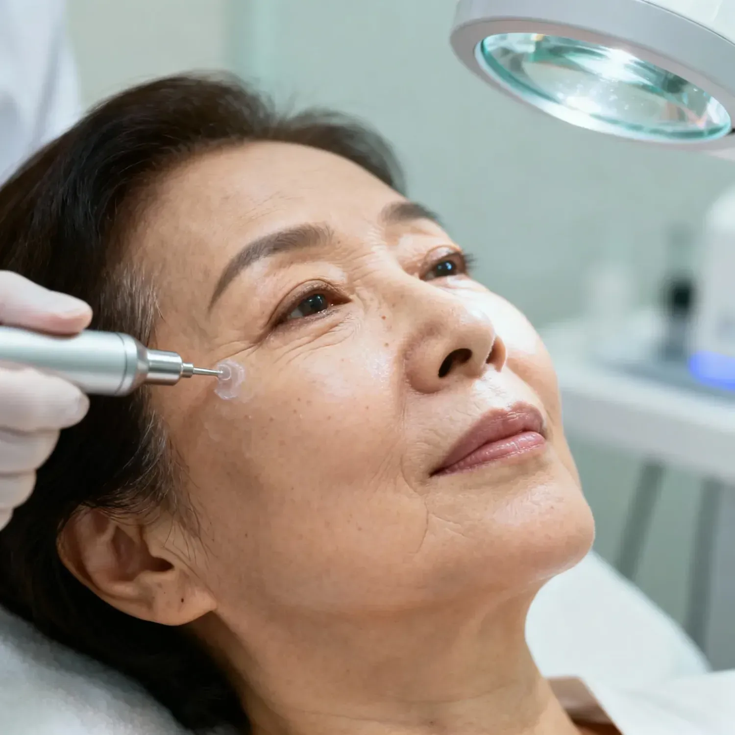 Mulher recebendo uma limpeza de pele profissional.