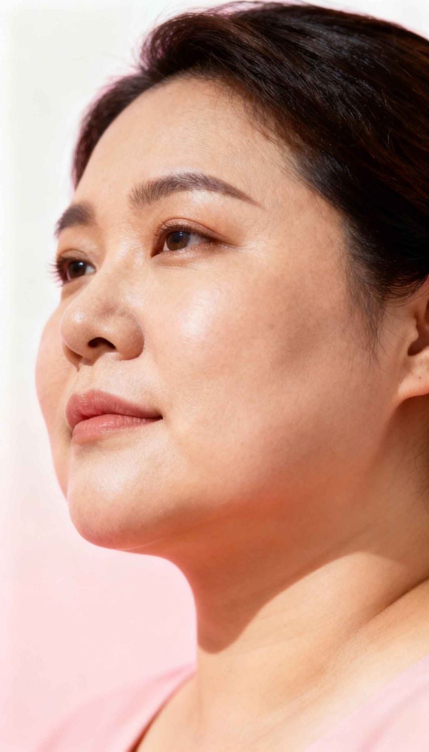 Rosto da mesma mulher com contorno do pescoço melhorado após o tratamento.