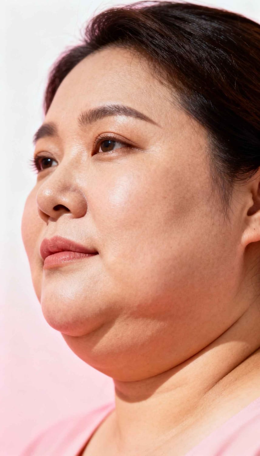 Rosto de uma mulher com papada antes do tratamento.